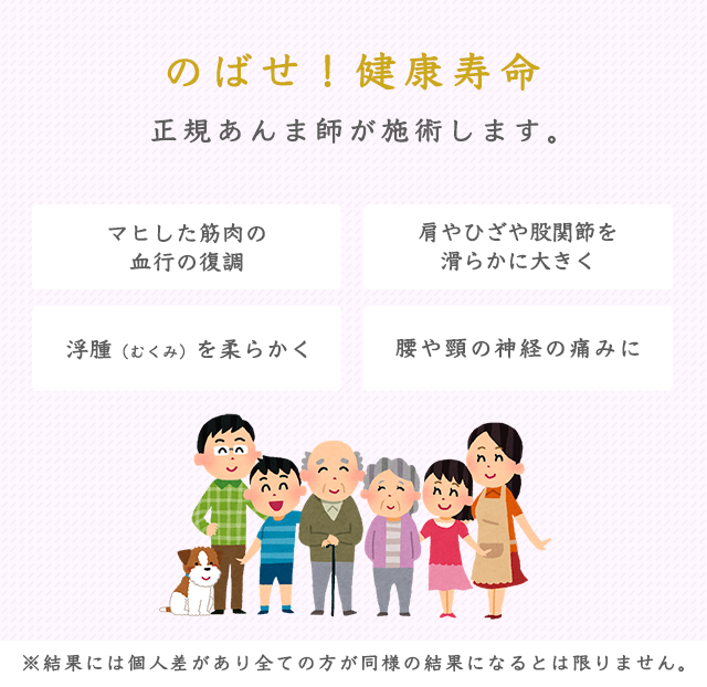 のばせ!健康寿命 正規あんま師が施術します。